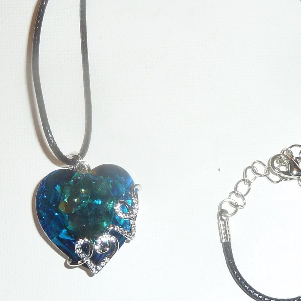 Ocean Blue Heart Crystal Love Pendant, Beautiful Necklace, Adjustable Black Cord